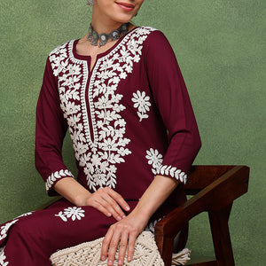 Burgundy Rayon Blend Solid Embroidered Straight Kurta VCK9770WIN