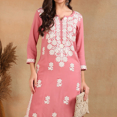 Pink Viscose Rayon Solid Embroidered Chikankari Straight Kurta VCK9776PNK
