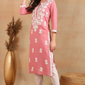 Pink Viscose Rayon Solid Embroidered Chikankari Straight Kurta VCK9776PNK
