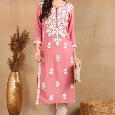 Pink Viscose Rayon Solid Embroidered Chikankari Straight Kurta VCK9776PNK