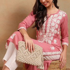 Pink Viscose Rayon Solid Embroidered Chikankari Straight Kurta VCK9776PNK