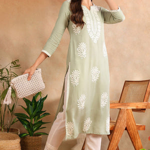 Green Viscose Rayon Solid Embroidered Chikankari Straight Kurta VCK9779GRN