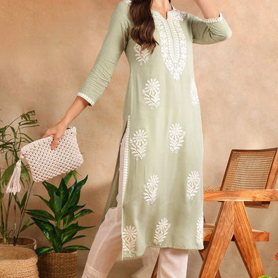 Green Viscose Rayon Solid Embroidered Chikankari Straight Kurta VCK9779GRN