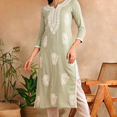 Green Viscose Rayon Solid Embroidered Chikankari Straight Kurta VCK9779GRN