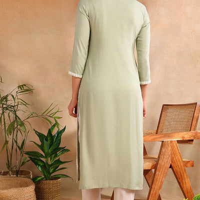 Green Viscose Rayon Solid Embroidered Chikankari Straight Kurta VCK9779GRN