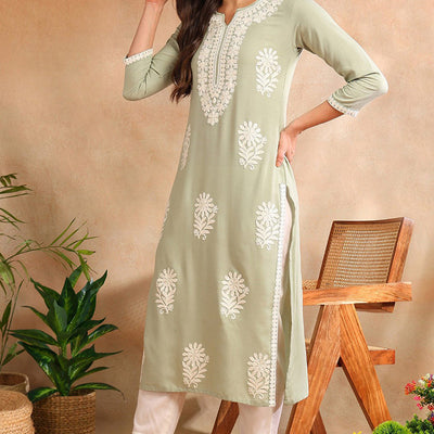 Green Viscose Rayon Solid Embroidered Chikankari Straight Kurta VCK9779GRN