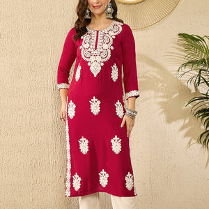 Red Viscose Rayon Solid Embroidered Straight Kurta VCK9782