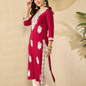 Red Viscose Rayon Solid Embroidered Straight Kurta VCK9782