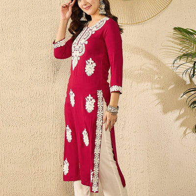 Red Viscose Rayon Solid Embroidered Straight Kurta VCK9782