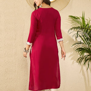 Red Viscose Rayon Solid Embroidered Straight Kurta VCK9782