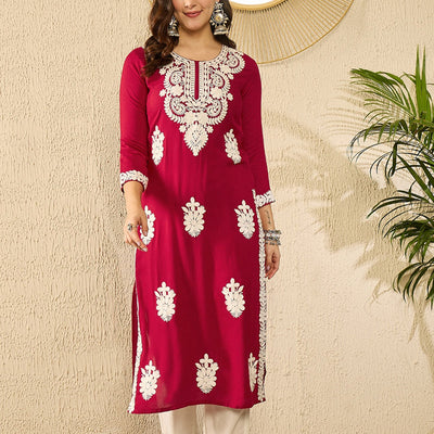 Red Viscose Rayon Solid Embroidered Straight Kurta VCK9782