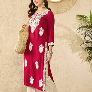 Red Viscose Rayon Solid Embroidered Straight Kurta VCK9782