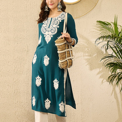 Blue Viscose Rayon Solid Embroidered Straight Kurta VCK9784