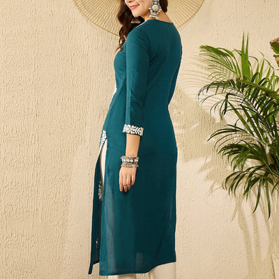 Blue Viscose Rayon Solid Embroidered Straight Kurta VCK9784