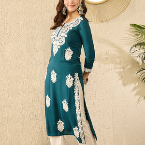 Blue Viscose Rayon Solid Embroidered Straight Kurta VCK9784
