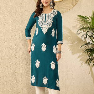 Blue Viscose Rayon Solid Embroidered Straight Kurta VCK9784