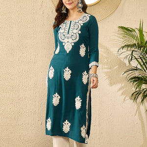 Blue Viscose Rayon Solid Embroidered Straight Kurta VCK9784
