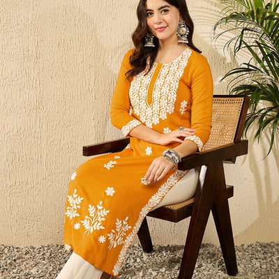 Yellow Viscose Rayon Solid Embroidered Straight Kurta VCK9785