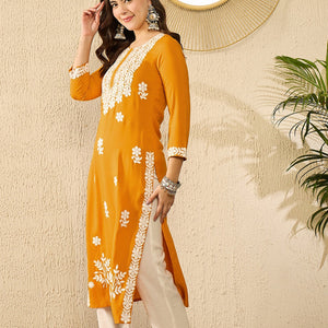 Yellow Viscose Rayon Solid Embroidered Straight Kurta VCK9785