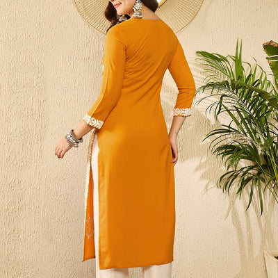 Yellow Viscose Rayon Solid Embroidered Straight Kurta VCK9785