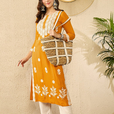 Yellow Viscose Rayon Solid Embroidered Straight Kurta VCK9785