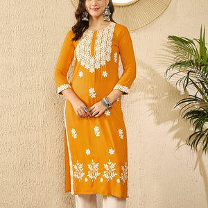 Yellow Viscose Rayon Solid Embroidered Straight Kurta VCK9785
