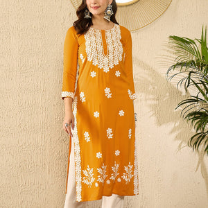 Yellow Viscose Rayon Solid Embroidered Straight Kurta VCK9785