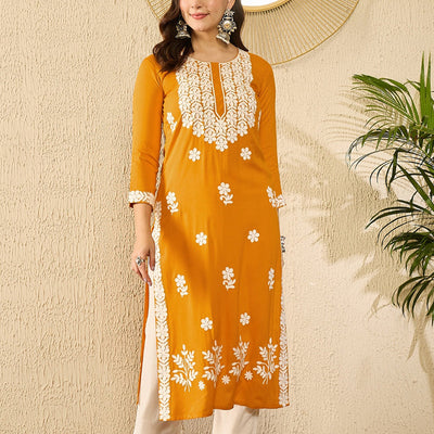 Yellow Viscose Rayon Solid Embroidered Straight Kurta VCK9785