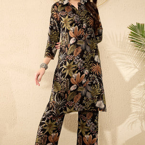 Black Rayon Blend Floral Printed Tunic With Palazzo Co-Ord Set VCORD1052