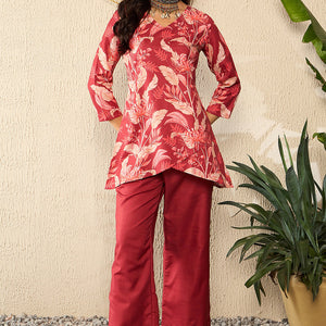 Red Rayon Blend Floral Printed Co-Ord Set VCORD1078