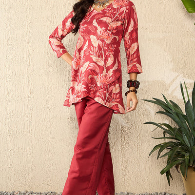 Red Rayon Blend Floral Printed Co-Ord Set VCORD1078