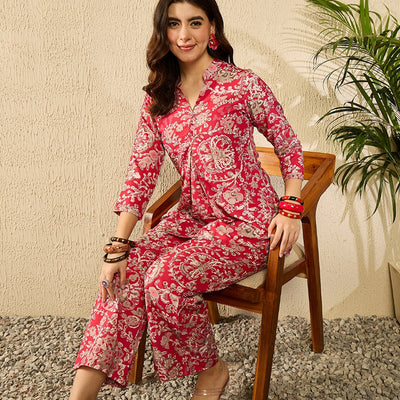Red Rayon Blend Floral Printed Co-Ord Set VCORD1110