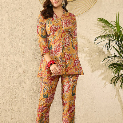 Mustard Yellow Rayon Blend Floral Printed Co-Ord Set VCORD1122
