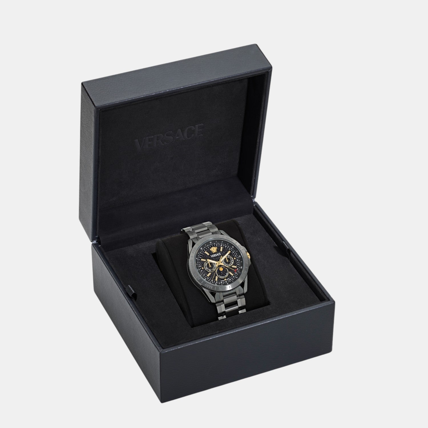 Galaxy Moonphase Men Quartz Black Dial Multi-Function Stainless Steel Watch VE0K00525