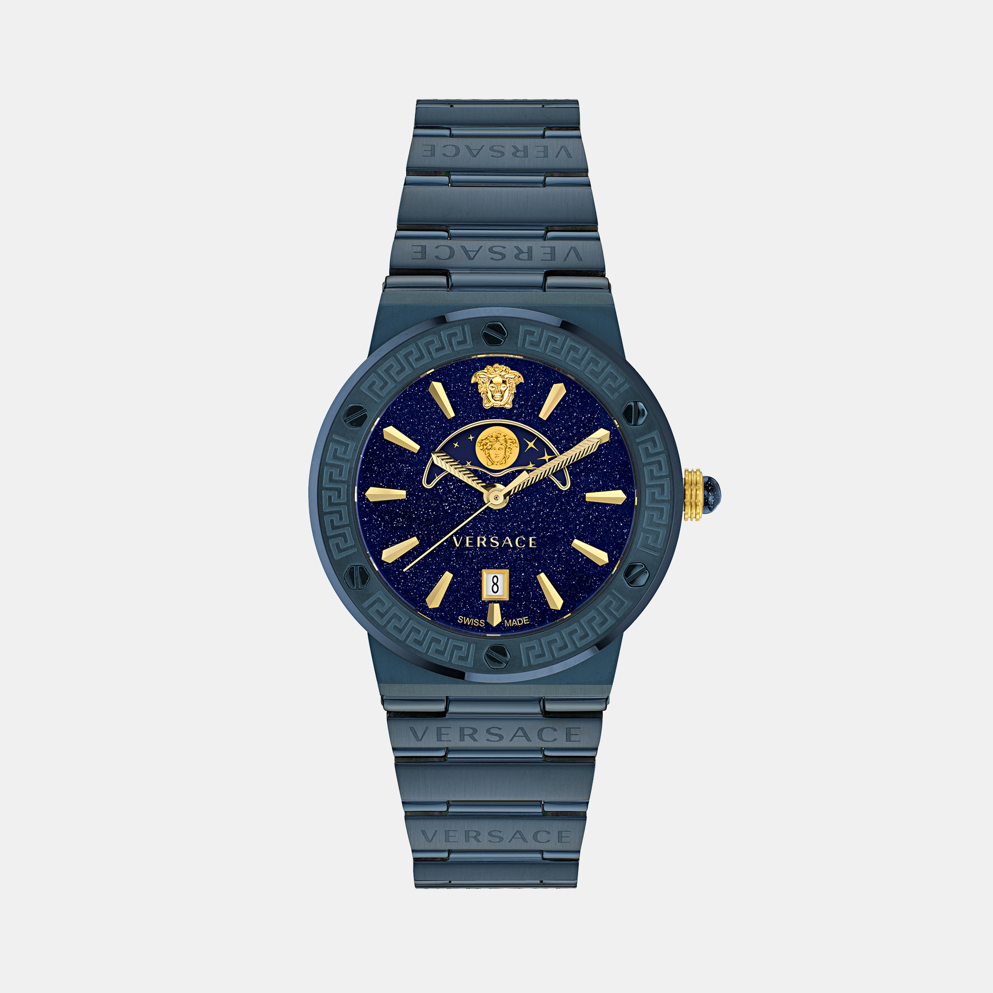 Greca Logo Moonph Unisex Quartz Blue Dial Analog Stainless Steel Watch VE7G00423
