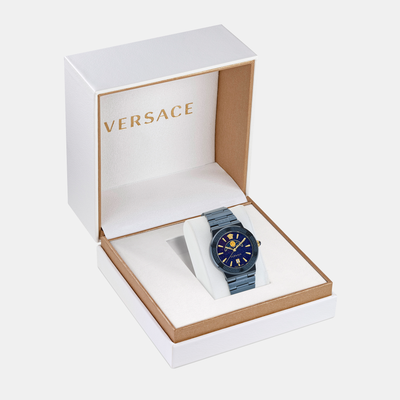 Greca Logo Moonph Unisex Quartz Blue Dial Analog Stainless Steel Watch VE7G00423