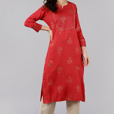 Red Cotton Sequin Embroidered Straight Kurti VEK1065
