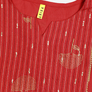Red Cotton Sequin Embroidered Straight Kurti VEK1065