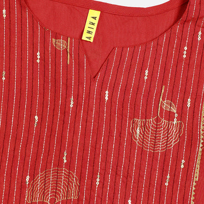 Red Cotton Sequin Embroidered Straight Kurti VEK1065