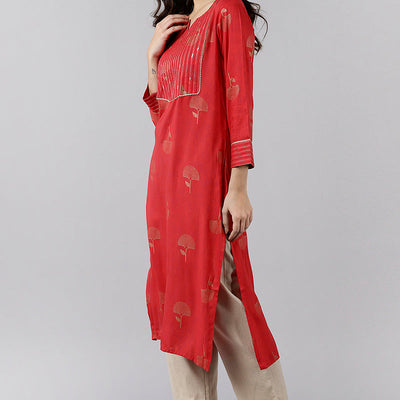 Red Cotton Sequin Embroidered Straight Kurti VEK1065