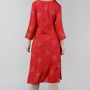 Red Cotton Sequin Embroidered Straight Kurti VEK1065