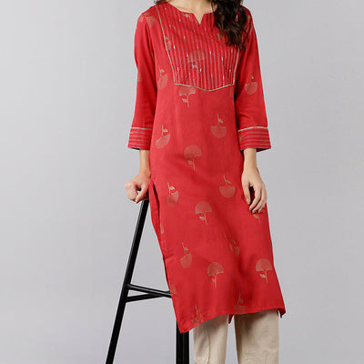 Red Cotton Sequin Embroidered Straight Kurti VEK1065