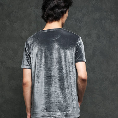 Rare Rabbit Men's Timo Grey Polyester Fabric Crew Neck Half Sleeves Velvet Texture Solid T-Shirt