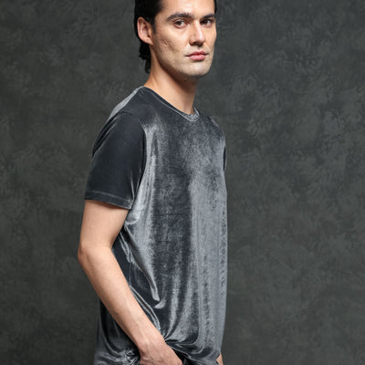 Rare Rabbit Men's Timo Grey Polyester Fabric Crew Neck Half Sleeves Velvet Texture Solid T-Shirt
