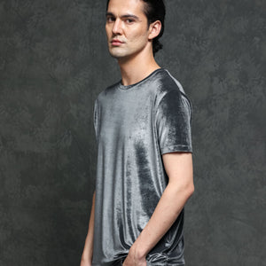 Rare Rabbit Men's Timo Grey Polyester Fabric Crew Neck Half Sleeves Velvet Texture Solid T-Shirt