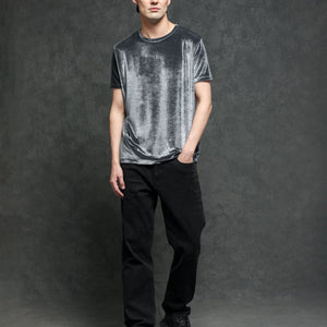 Rare Rabbit Men's Timo Grey Polyester Fabric Crew Neck Half Sleeves Velvet Texture Solid T-Shirt