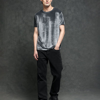 Rare Rabbit Men's Timo Grey Polyester Fabric Crew Neck Half Sleeves Velvet Texture Solid T-Shirt