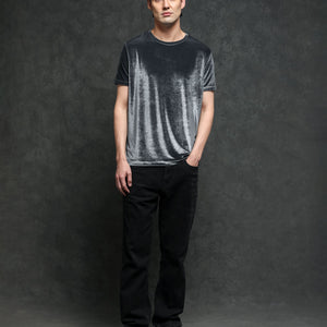 Rare Rabbit Men's Timo Grey Polyester Fabric Crew Neck Half Sleeves Velvet Texture Solid T-Shirt