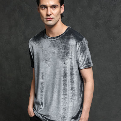 Rare Rabbit Men's Timo Grey Polyester Fabric Crew Neck Half Sleeves Velvet Texture Solid T-Shirt