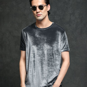 Rare Rabbit Men's Timo Grey Polyester Fabric Crew Neck Half Sleeves Velvet Texture Solid T-Shirt